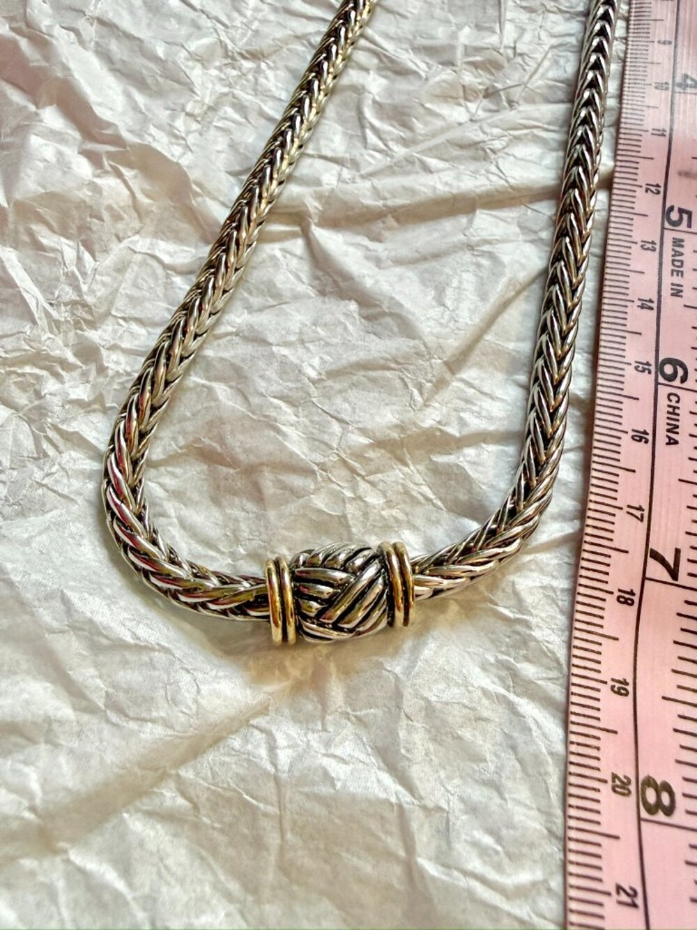 Vintage 90s Two Tone Braided Wheat Chain Necklace Knot Statement